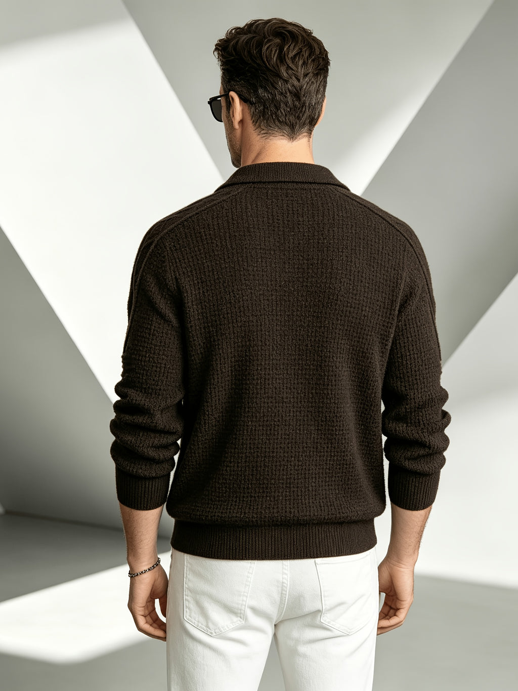 Business Mature Casual Men'S V-Neck Lapel Long Sleeve Jacquard Knit Polo Sweater, Soft Warm Textured Pullover Top, Suitable for Daily, Office, And Weekend Wear in Autumn And Winter - Coffee Color