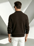 Business Mature Casual Men'S V-Neck Lapel Long Sleeve Jacquard Knit Polo Sweater, Soft Warm Textured Pullover Top, Suitable for Daily, Office, And Weekend Wear in Autumn And Winter - Coffee Color