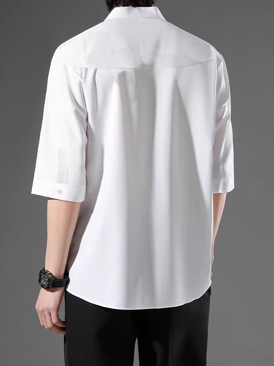 New Chinese Style Standing Collar Men's Shirt, Comfortable and Skin Friendly with Mid Sleeves, Simple and Versatile Men's Casual Shirt - White