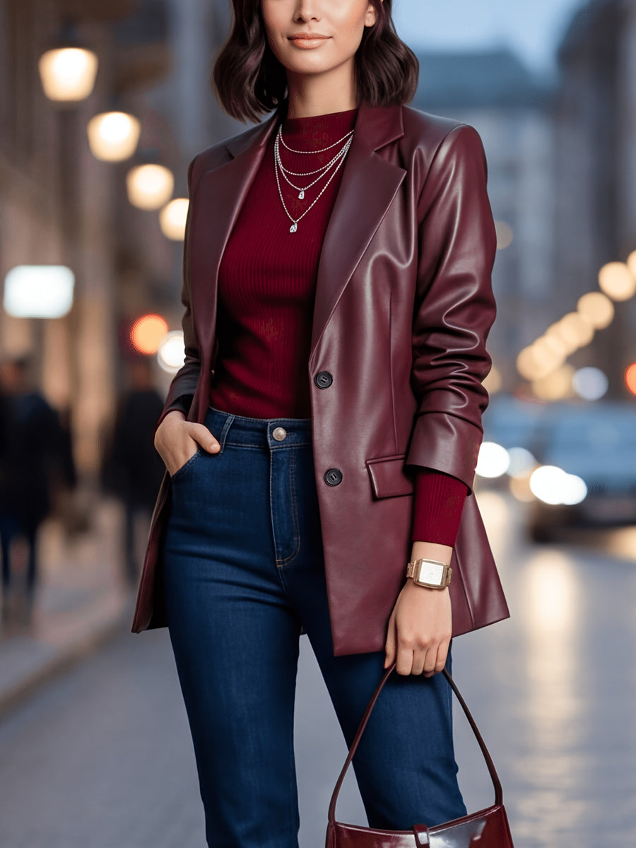 Vintage PU Jacket, Fashionable and Temperamental Blazer - Burgundy