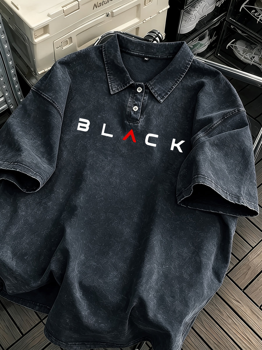 BLACK Print Men'S 100% Washed Solid Color Lapel Shirt Short Sleeve T-Shirt - Retro Distressed Design, Lightweight And Breathable Fabric, Streetwear Trendy Loose Top, Suitable for Casual Wear And Layering - Purplish Blue