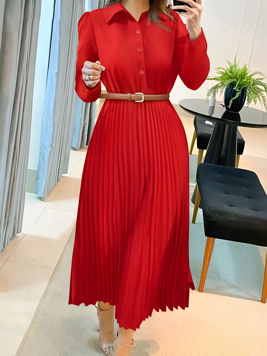 Spring/Autumn Long Sleeve Lapel Elegant Fashion Versatile Ruched Dress with Belt, Women'S - Red