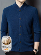 Xingfan OBM 2025 Autumn/Winter Men's 100% Wool Stand Collar Knit Cardigan, Crafted from Premium Pure Wool. Featuring a Simple yet Elegant Stand-up Collar and Single-breasted Button Design for Strong Warmth Retention. The Standard Fit Is Suitable - Blue