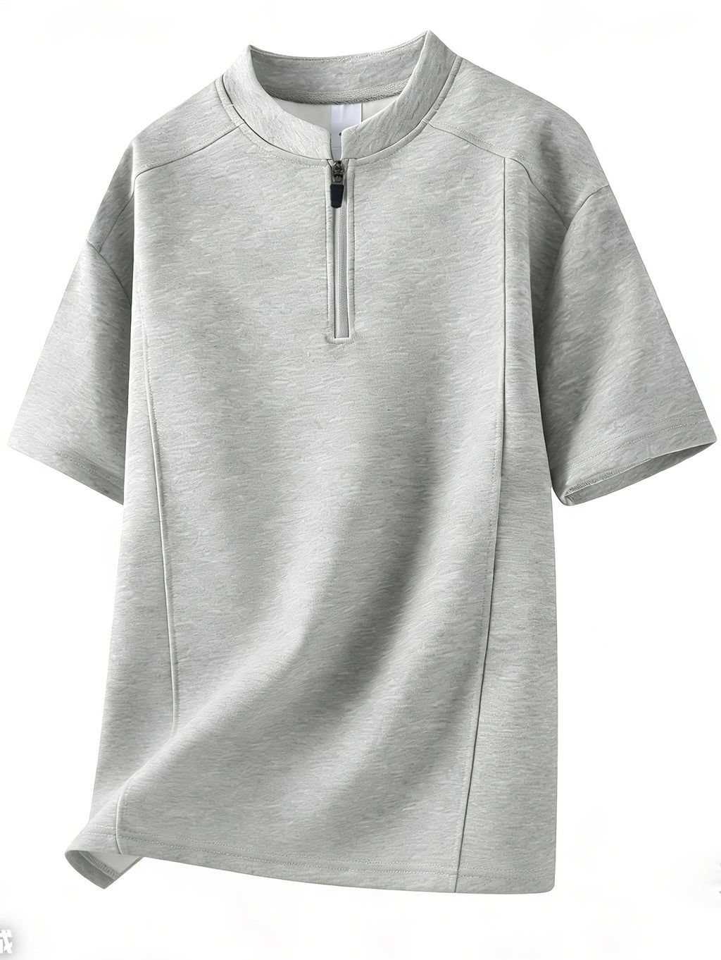 Men's Casual Sport T-Shirt, In-Stock Summer American Streetwear Brand High Street Short Sleeve Casual Fashion Zipper Stand Collar Solid Color Top - Grey