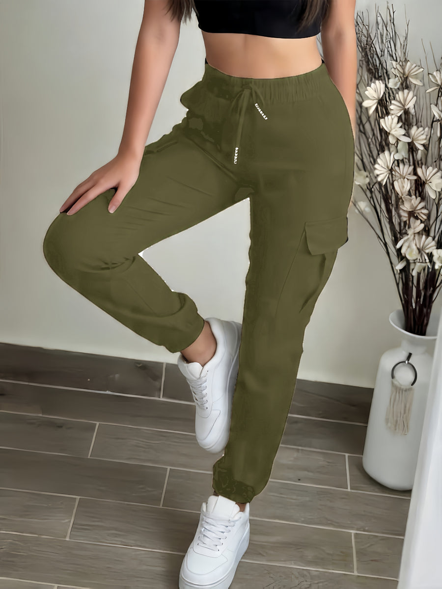 Women'S Pocket Drawstring Cargo Pants. Summer Sports Long Pants with Elastic Cuffs Stretchy Casual Fitness Yoga Joggers for Running. Outdoor Cycling - Olive Green