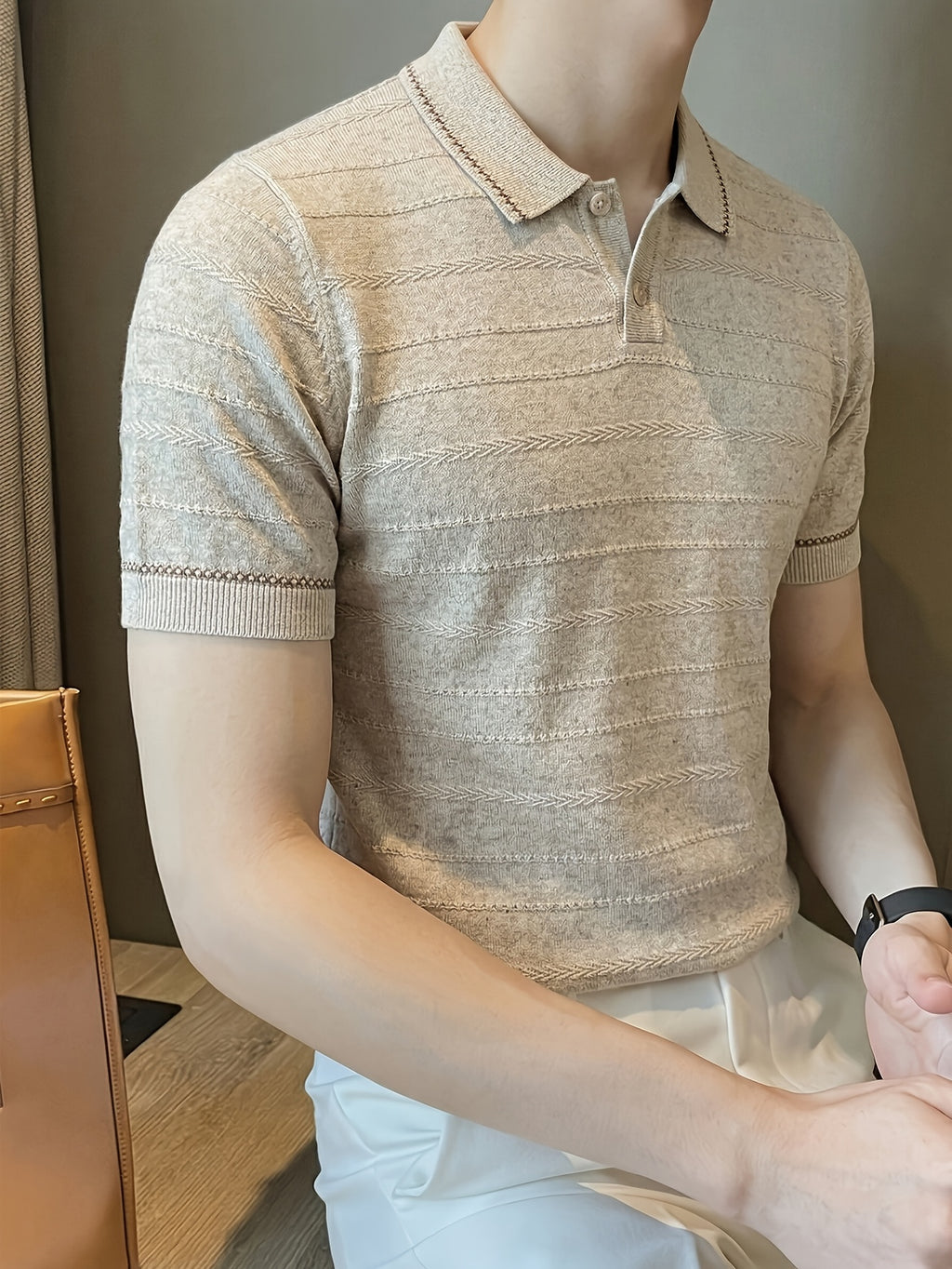 Men's Summer Old Money Style Business Casual Collar Short Sleeve Light Luxury Lapel Jacquard Knit Shirt, a Lightweight and Breathable Choice for Men's Satisfaction - Off-white