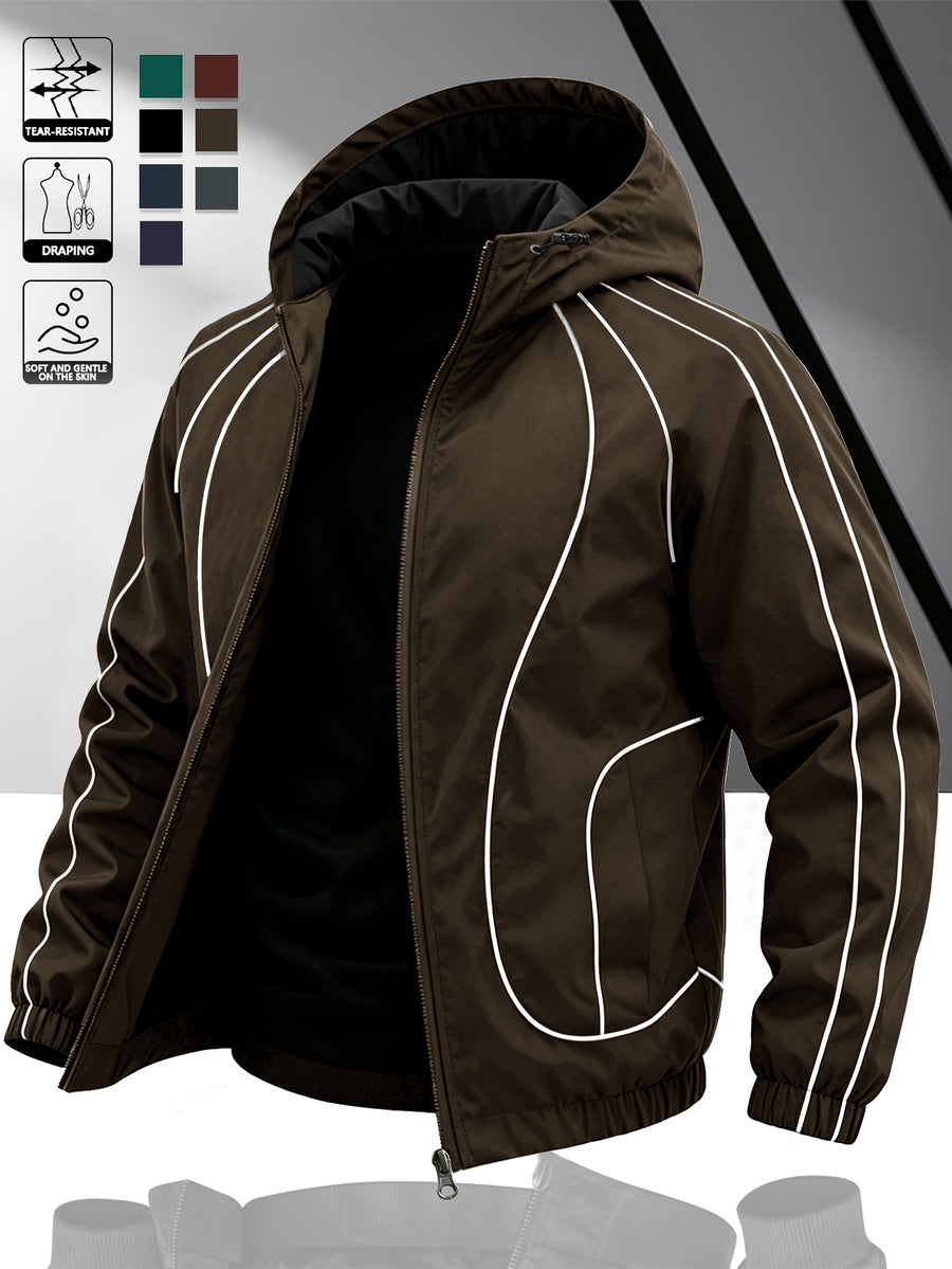 Men's Lightweight Hooded Zip-Up Jacket with White Drawstrings, Thin Style, Suitable for All Seasons, JK5689 - Coffee Color
