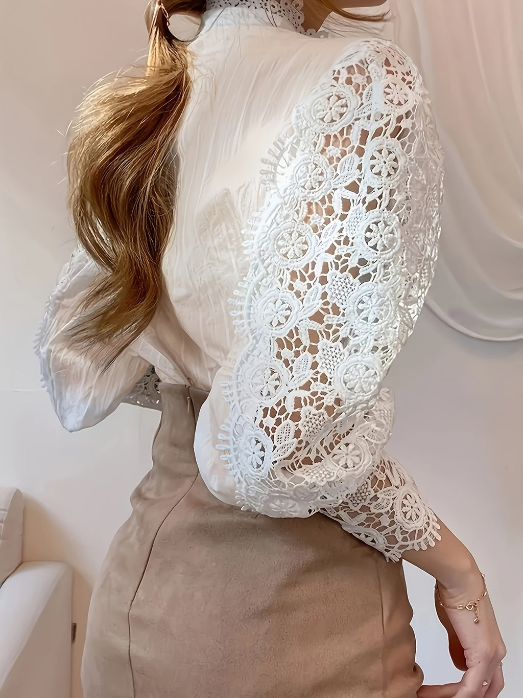 European and American Women's Lace Shirt, Daily Elegant Fashion Button- Blouse with Stand Collar - White