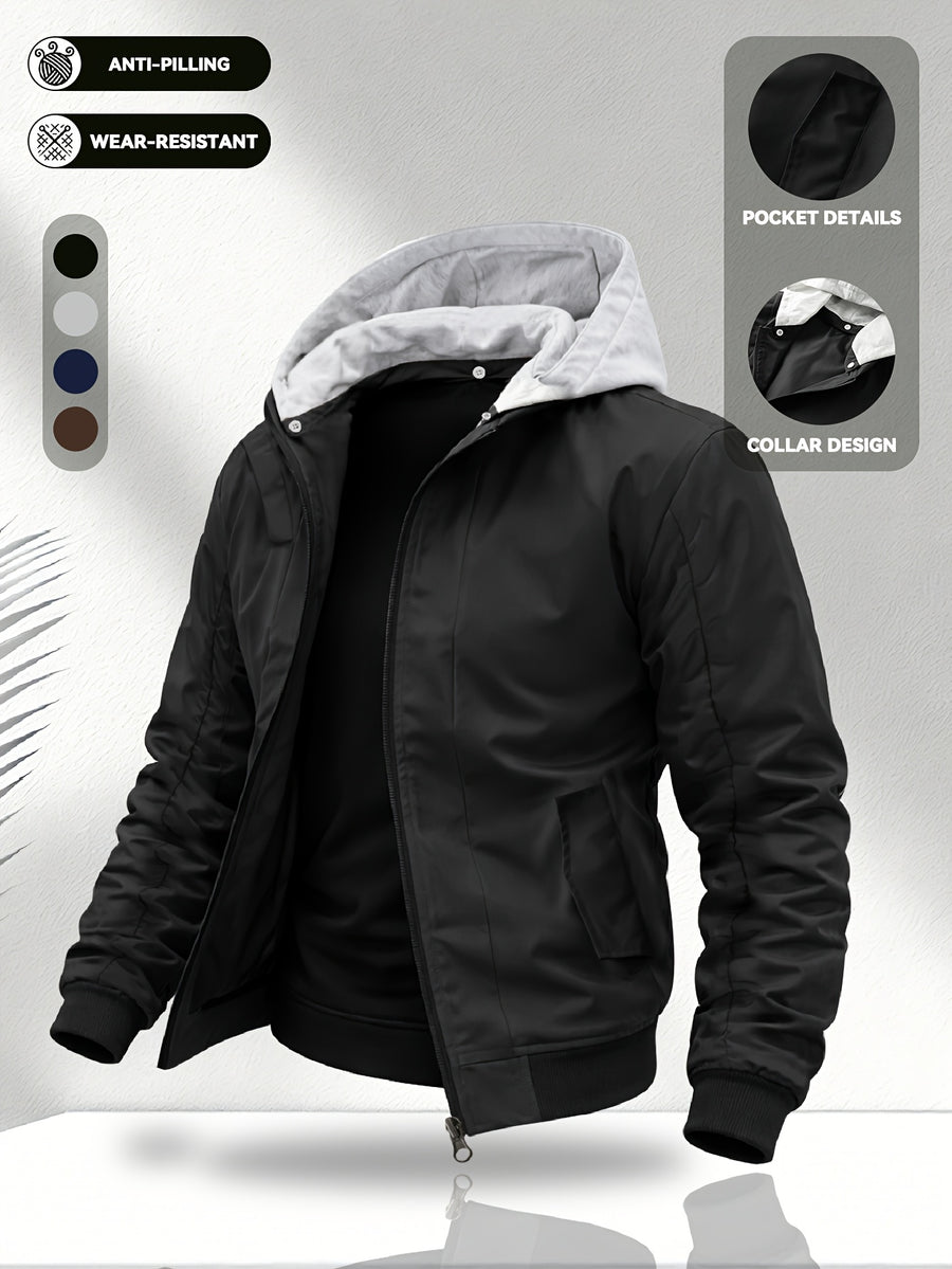 Men'S Hooded Jacket, Stretch Cuffs And Hem, American Retro Casual Commuter All-Match Style, Easy Design, Wear-Resistant Woven Fabric, Smooth Zipper Closure - 5661 - Black