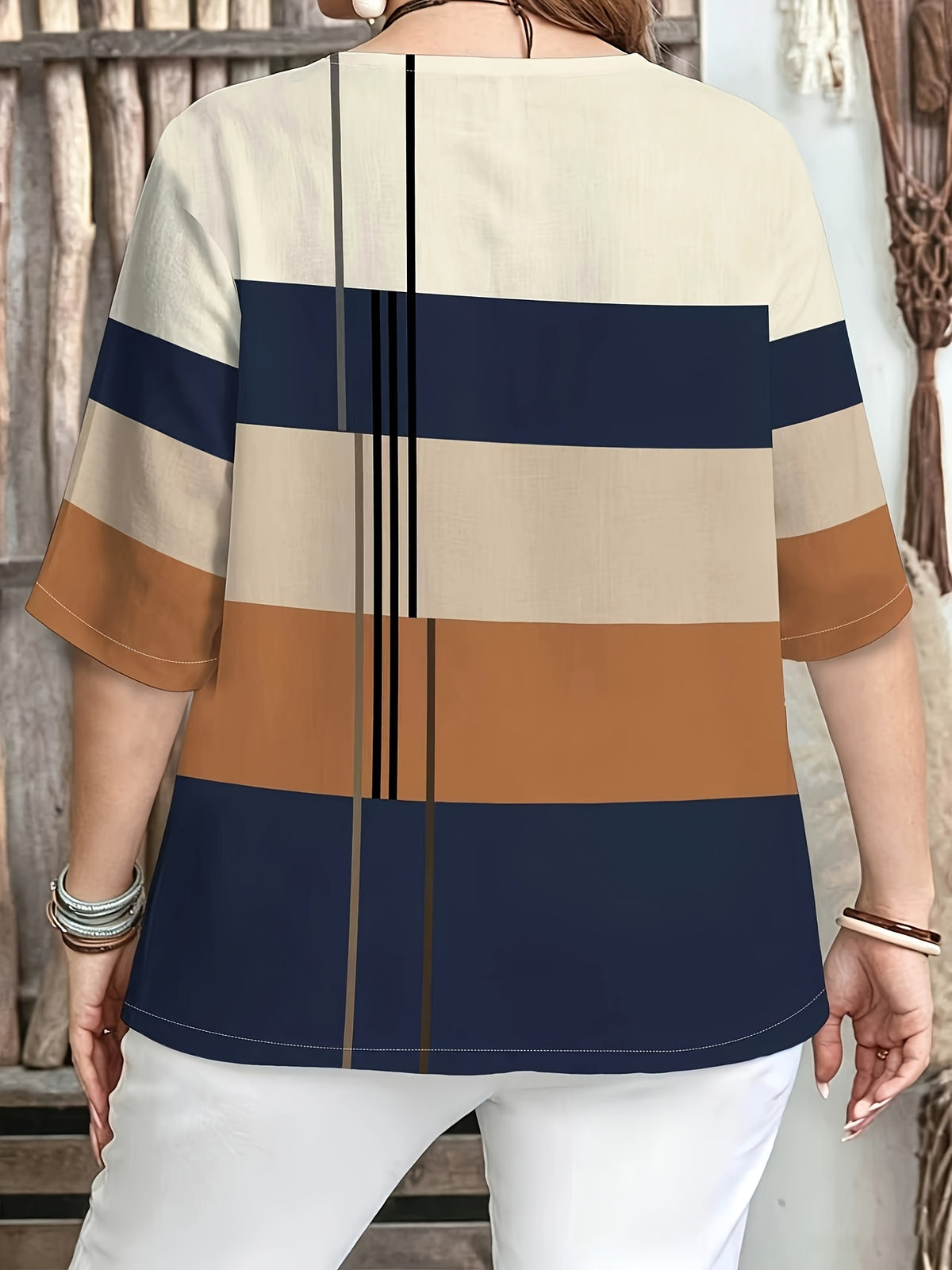 Printed Design – Not Textured. Women's Casual Button-Patch Colorblock V-Neck Three-Quarter Sleeve T-Shirt, a Perfect Gift for. - Mixed Color L
