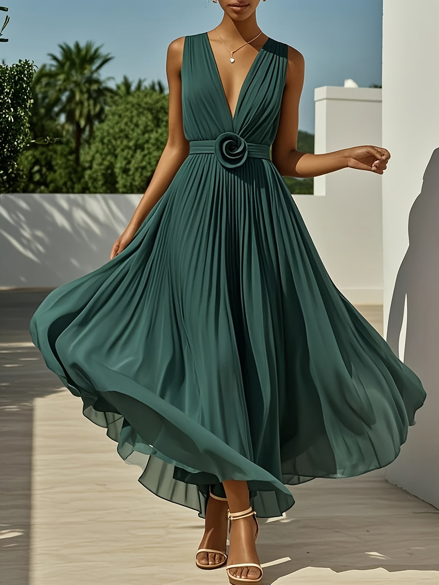 2026 Summer 3D Floral Pleated Waist Ruffled Gauze V-Neck Sleeveless A-Line Flowing Long Dress Suitable for Wedding Evening Gown Banquet Prom Daily Wear Fashionable Premium Connected Mid-Length Bridesmaid Dress [ZLLZ] - Dark Green