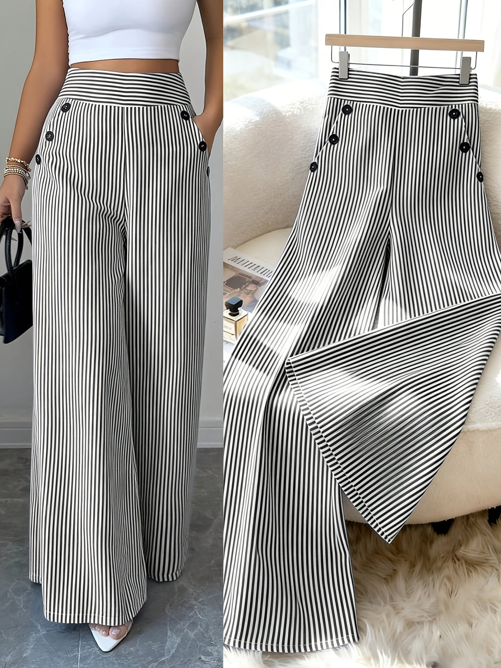 New Korean Style Spring And Summer Fashion Easy Elegant Black And White Striped Trousers, High-Waisted Straight Loose Casual Women'S Pants - Black And White Stripes