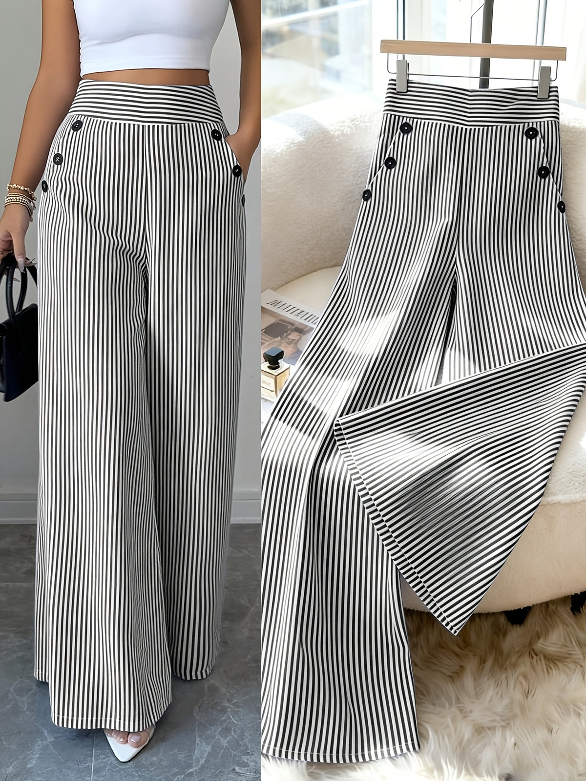 New Korean Style Spring And Summer Fashion Easy Elegant Black And White Striped Trousers, High-Waisted Straight Loose Casual Women'S Pants - Black And White Stripes