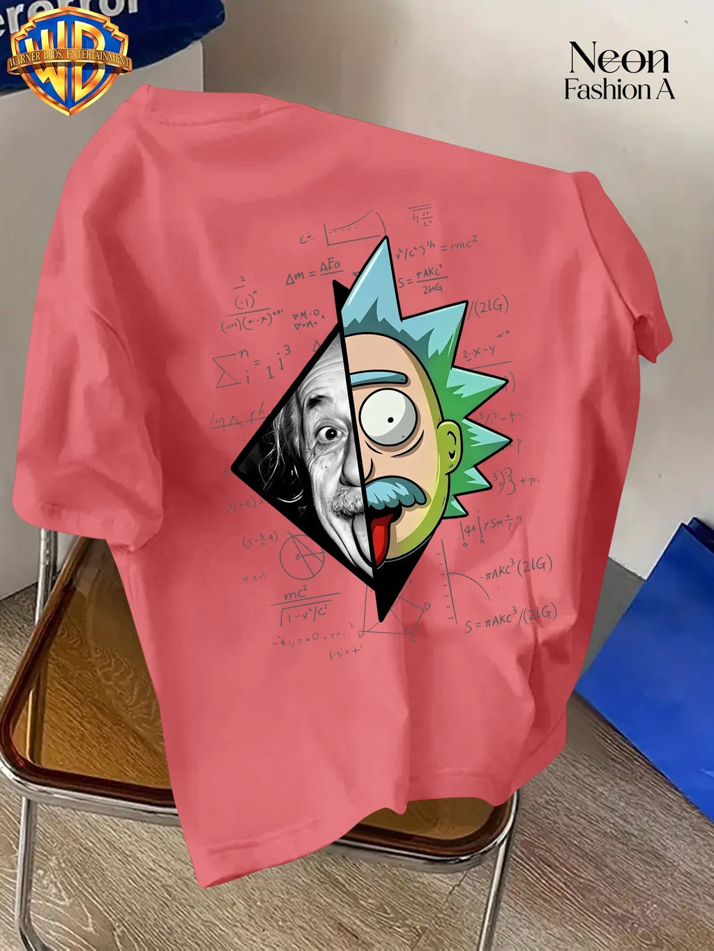 Warner Licensed Unisex Short Sleeve T-Shirt Casual Commute Shopping Classic Science And Anime Creative Patchwork Artistic Print Round Neck Pullover Summer Comfortable Breathable Trendy Top - Watermelon Red