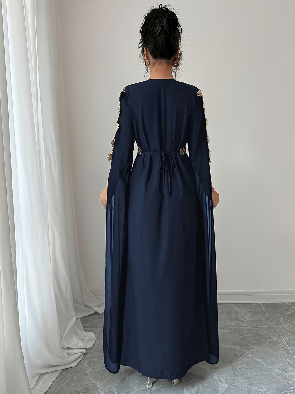 DJ0518185 Integrated Exquisite Golden Embroidery Mesh Outer Wrap Dress, Luxurious Elegant Temperament, "Golden Embroidery" Highlights Golden Embroidery Element - Navy Color