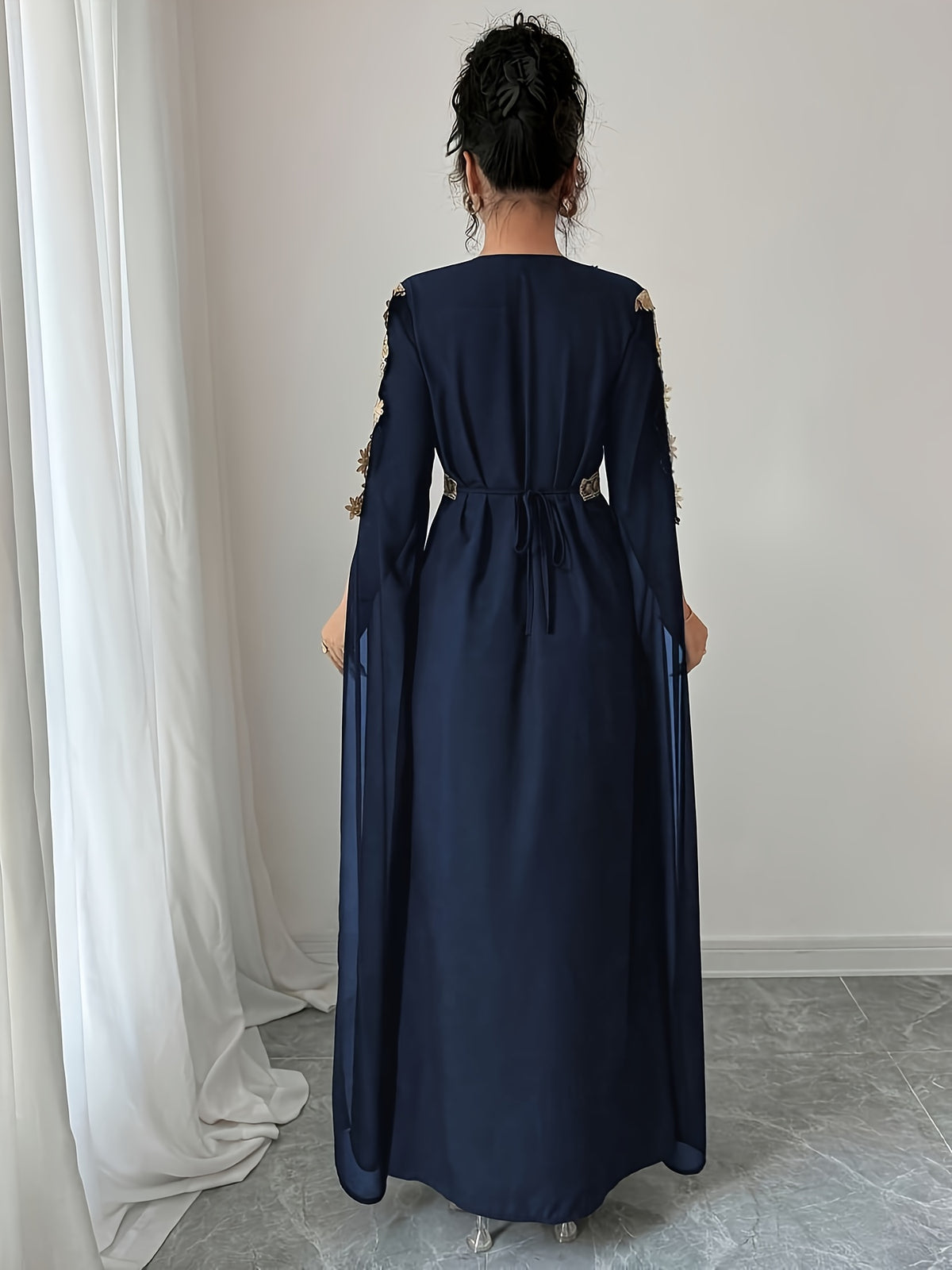 DJ0518185 Integrated Exquisite Golden Embroidery Mesh Outer Wrap Dress, Luxurious Elegant Temperament, "Golden Embroidery" Highlights Golden Embroidery Element - Navy Color