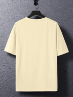 Men's Trendy Short-Sleeve T-Shirt with Minimalist Brown Long Strip Logo Print on the Chest, Crew Neck Top for Daily Wear - Apricot