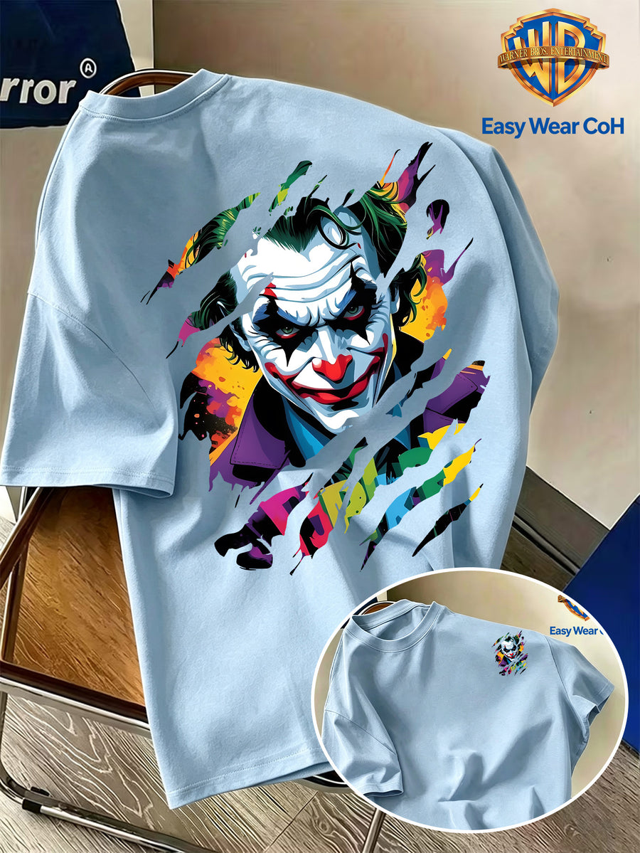 Warner Bros. Official Versatile New Men's Short-Sleeve T-Shirt, DC Joker Torn Claw Mark Effect Creative Pattern Print, DC Joker IP Trendy Men's Short-Sleeve Top, Strong Atmospheric Appeal, Unique Design, Comfortable and Skin-Friendly Fabric - Light Blue