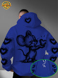 Warner Bros. Officially Licensed Men's Hoodie, Featuring Retro-style Cartoon Character Heart-shaped Pattern Design, Hand-drawn Sketch Art Print, Suitable for Casual Streetwear, Ideal for Daily Wear, for Travel or Weekend Outings - Blue