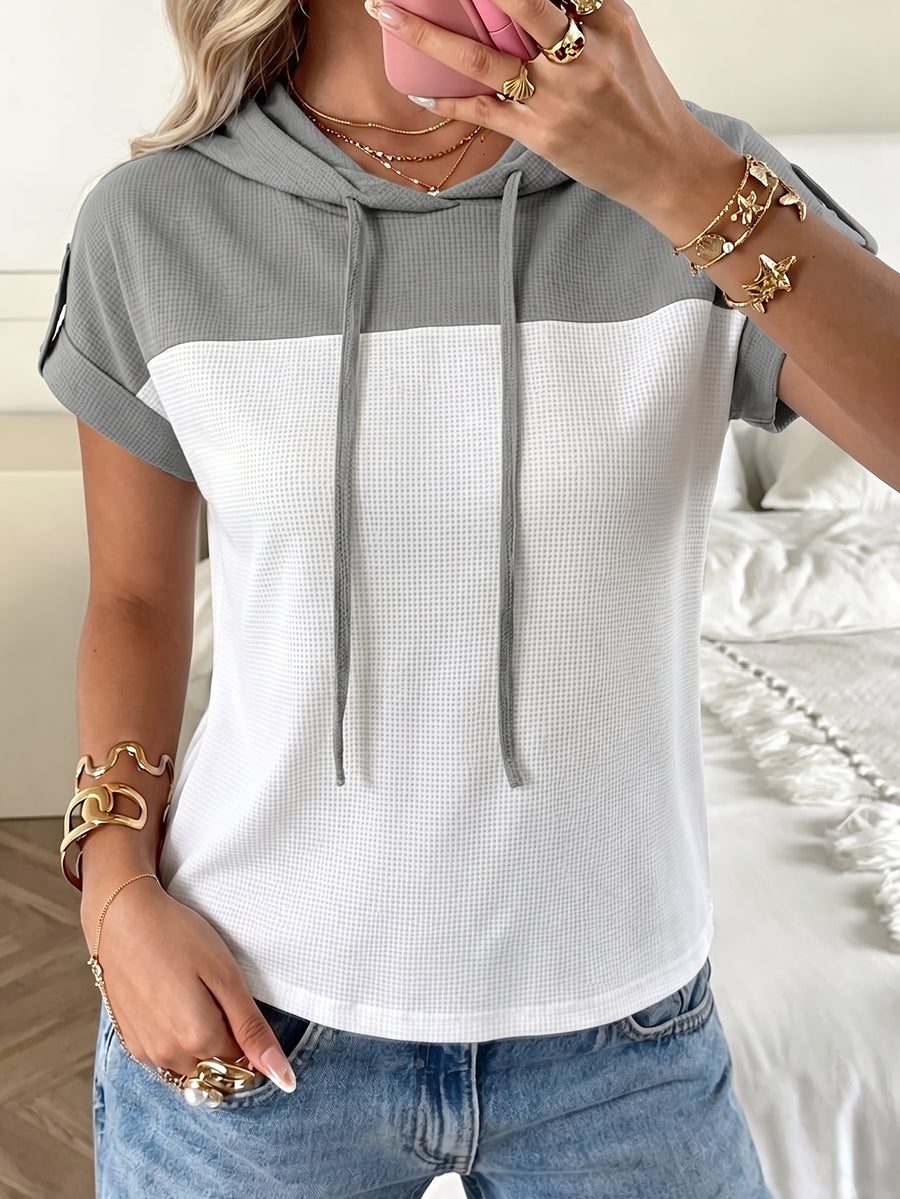 2026 New Women's Hoodie with Waffle Fabric Patchwork, Short Sleeves, Decorative Buttons, and Hood - White Grey