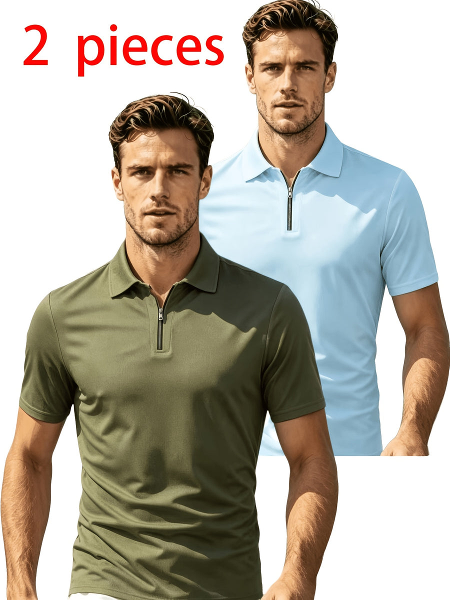 2pcs Men'S Short Sleeve Casual Athletic Polo Shirt Set, Zipper Collar, Comfortable And Breathable, Original Design - Army green plus light blue