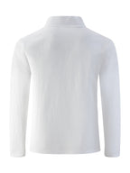 Men'S Linen Long Sleeve Polo Shirt with Chest Pocket - White