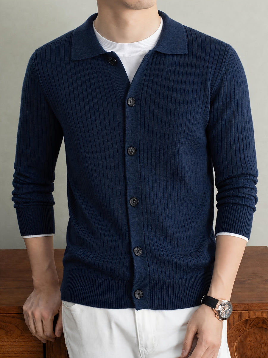 Men's Thick Knit Cardigan for Autumn & Winter, Classic Polo Collar, Solid & Striped Minimal Design, Old Money Style Warm Soft Sweater, Ideal Gift for Dad - Shangqing
