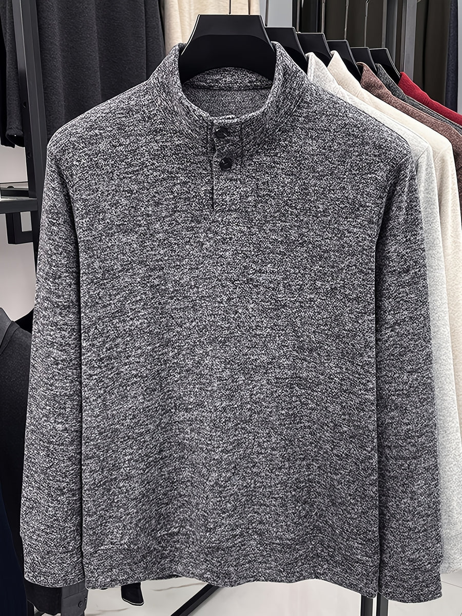 Men's Floral Yarn Stand Collar Long Sleeve Top, Multi-Color Options for Autumn, Half-Button Pullover Base Layer, Fine, Skin-Friendly, and Comfortable Fabric, Suitable for Business Commuting and Business Trips, Loose and Casual Men's Wear for Fishing - Medium Gray