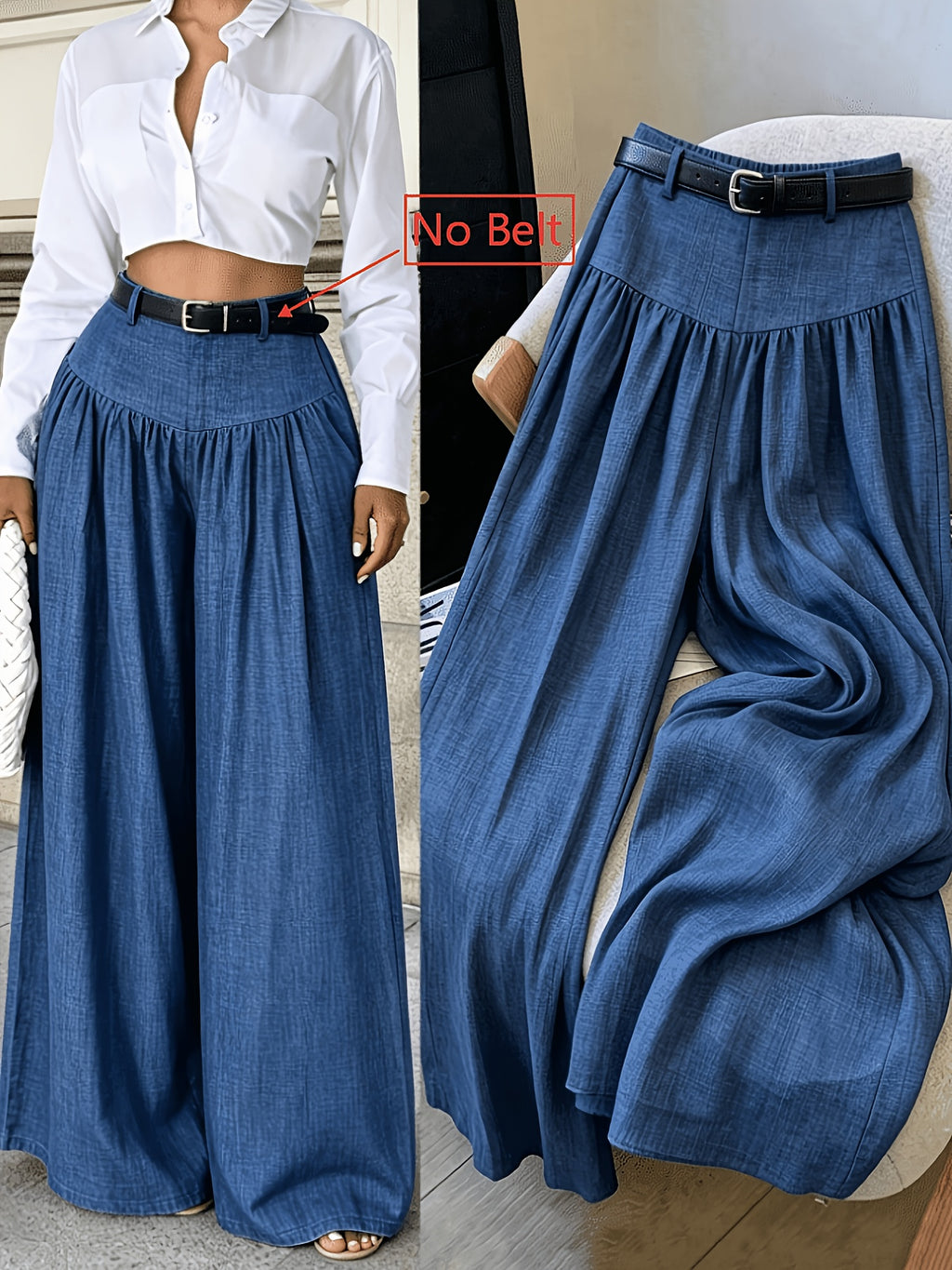 Women's Casual Elegant High-Waist Wide-Leg Pants with Pleated Design, Suitable for Work and Leisure Wear, Autumn/Winter Collection, Belt Not Included - Navy Color