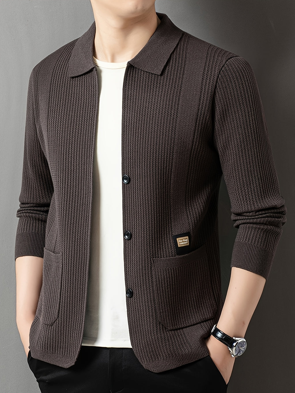 Men'S Spring Autumn Lapel Knit Jacket Cardigan - Coffee Color