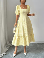 Sophisticated And Beautiful Dress for Bridesmaids, Featuring Floral Jacquard Material, a Square Neckline with Puff Short Sleeves, a Smocked Back with a Cinched Waist, And an A-Line Silhouette, Perfect for Everyday Wear, Dates, Parties, And Vacations - Yellow