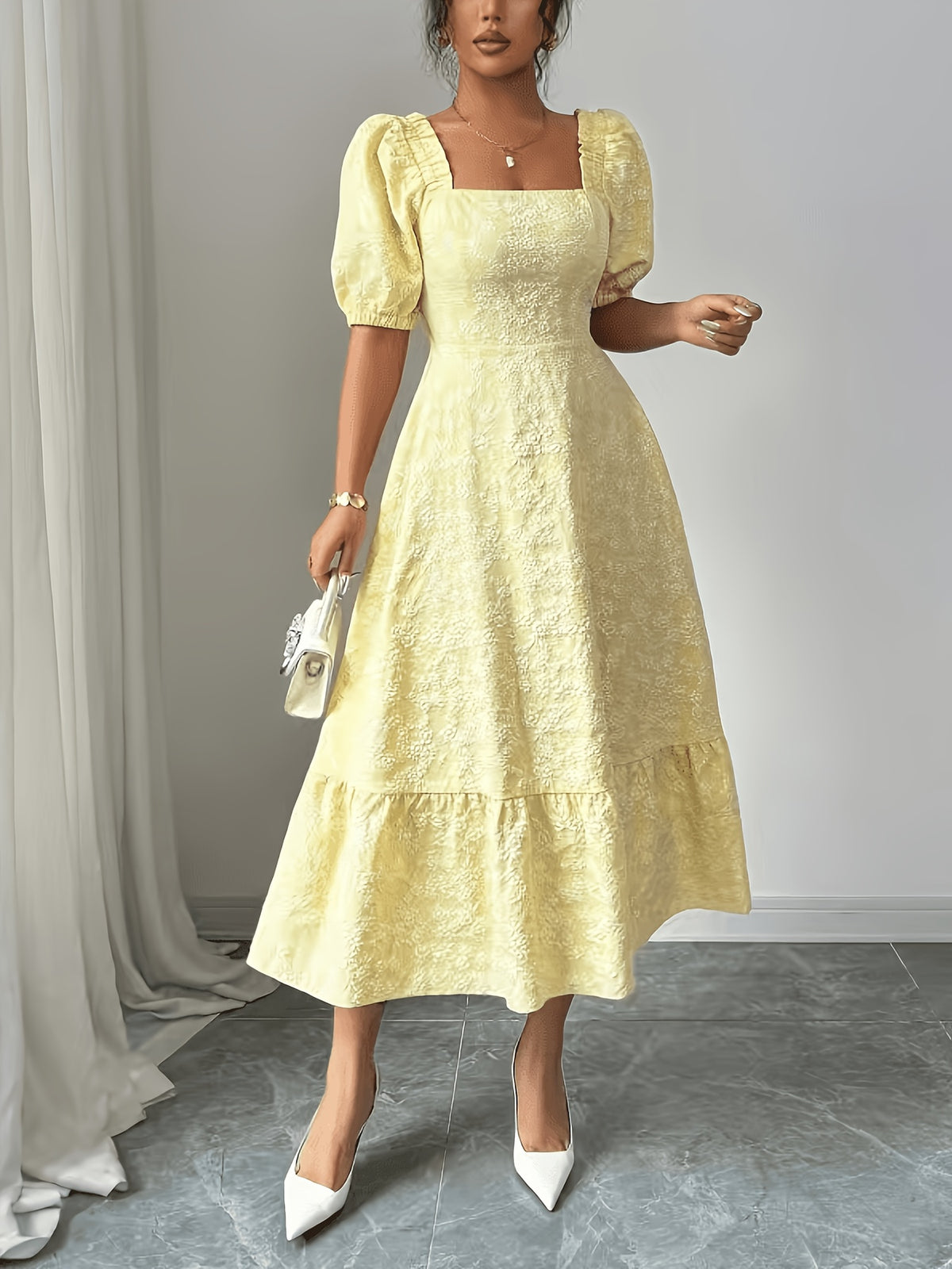 Sophisticated And Beautiful Dress for Bridesmaids, Featuring Floral Jacquard Material, a Square Neckline with Puff Short Sleeves, a Smocked Back with a Cinched Waist, And an A-Line Silhouette, Perfect for Everyday Wear, Dates, Parties, And Vacations - Yellow