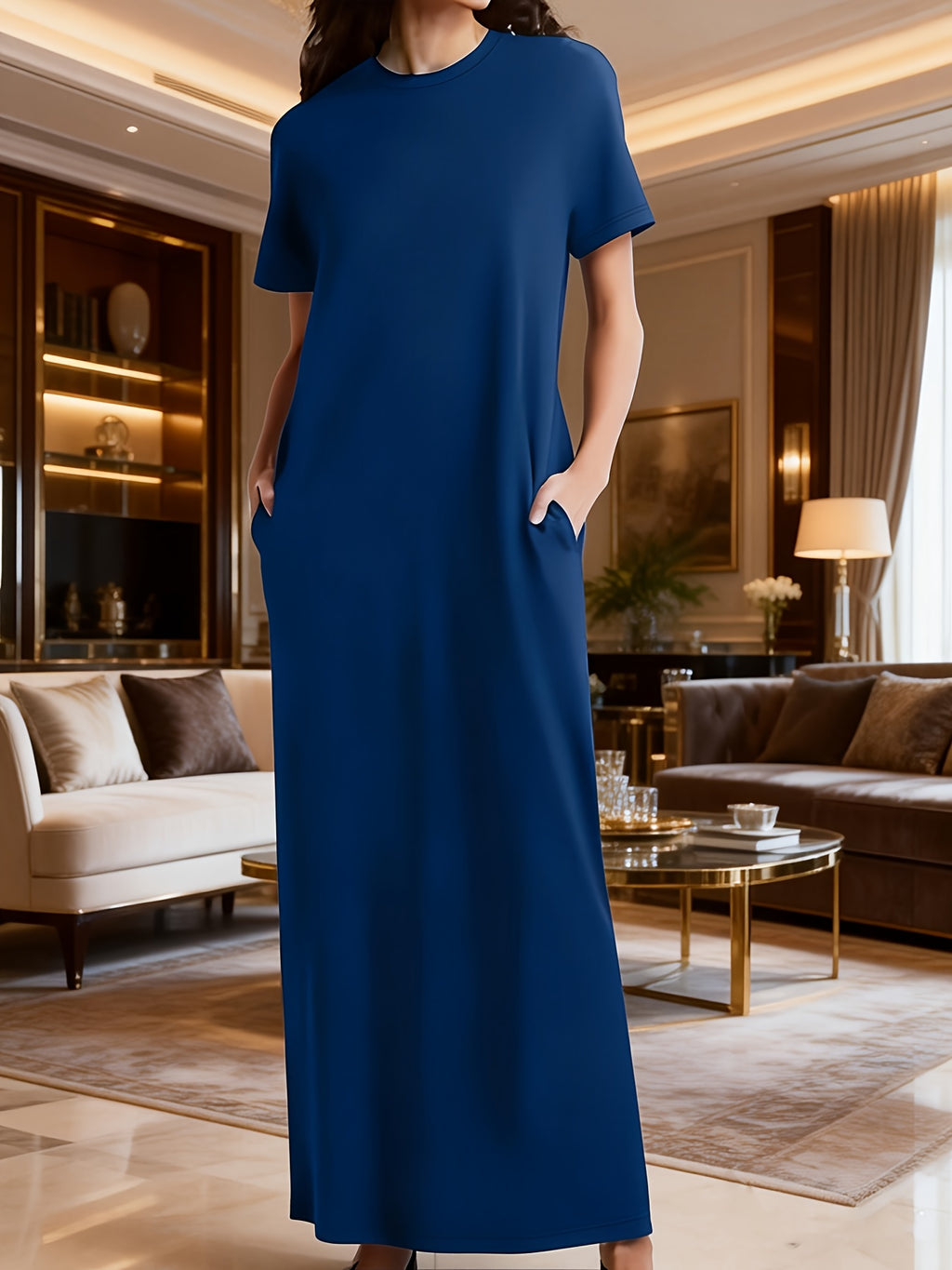 Plus Size, Fashion Casual Short-sleeve Round-neck Long Dress with Pockets, Solid Color, for Spring and Summer - Blue
