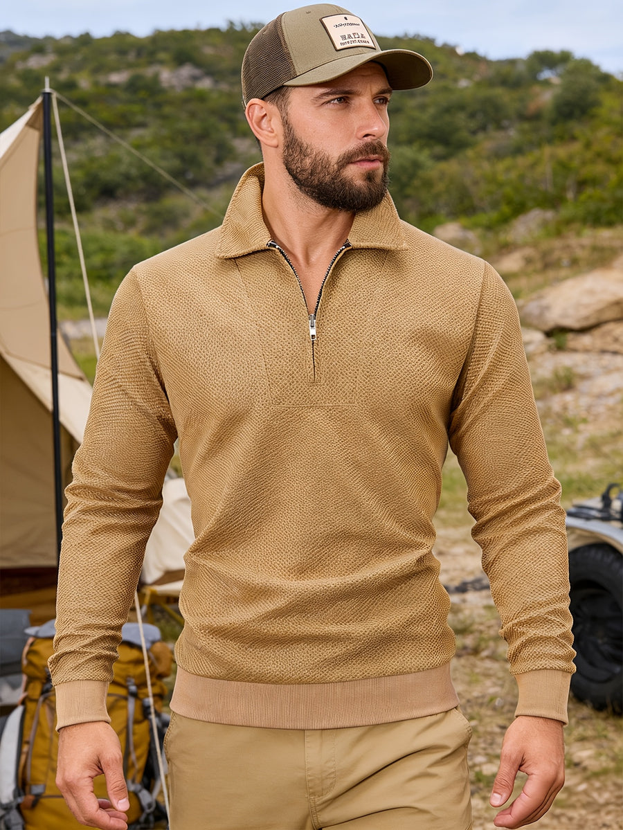Half-zip Lapel Long-sleeve Polo Shirt, Men's Spring/autumn Business Casual Top - Khaki