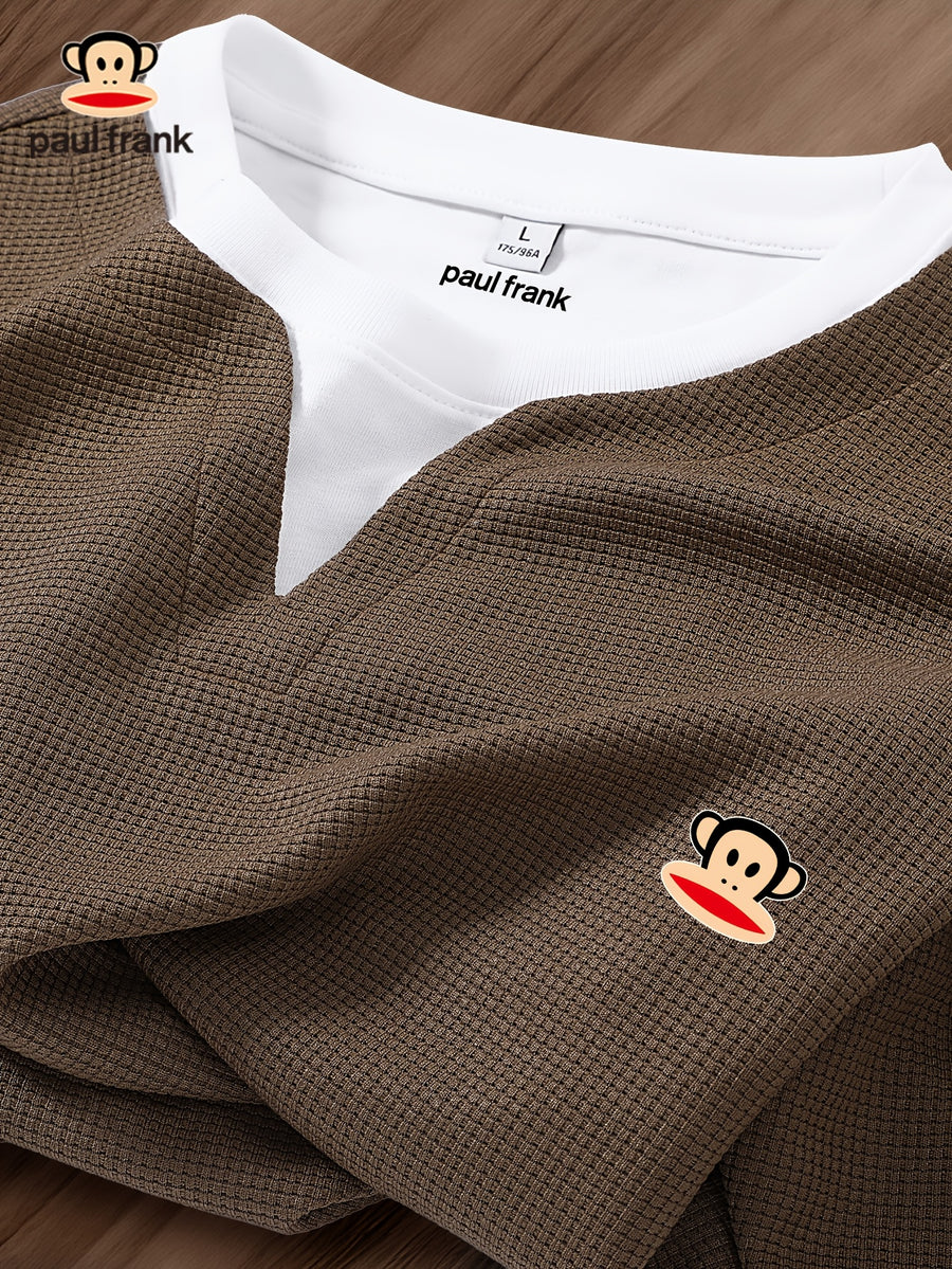 Mushan Snow Picked Paul Frank Men'S Casual Spring/Autumn Waffle Long Sleeve Fake Two-Piece Color Block T-Shirt - Coffee Color