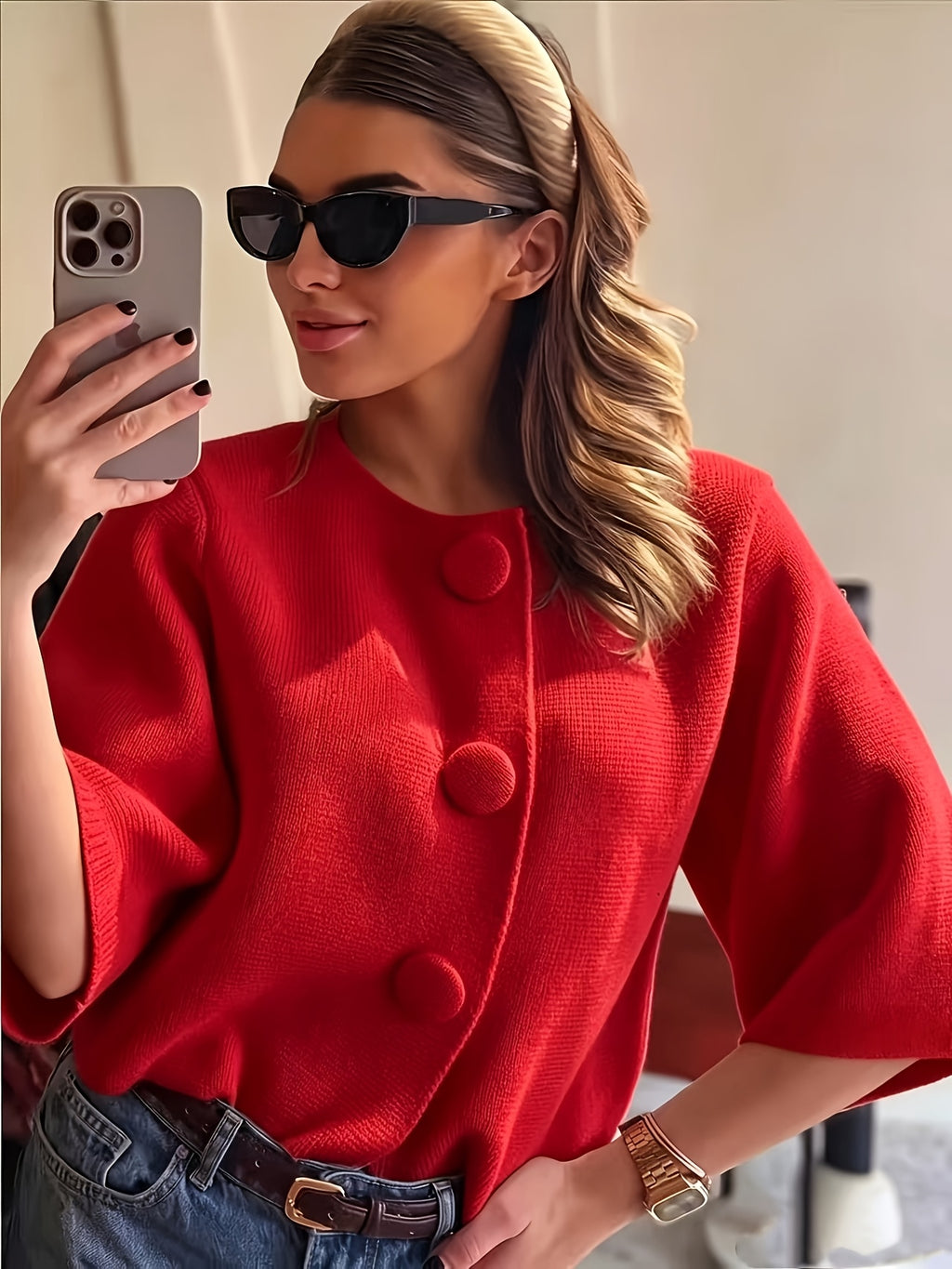 French-Style Large Button Cardigan - Oversized Cropped Top with Flared Bell Sleeves, Round Neck Button-Front Closure, Medium Stretch Suitable for - Layering, Elegant Office to Weekend Wear - Red