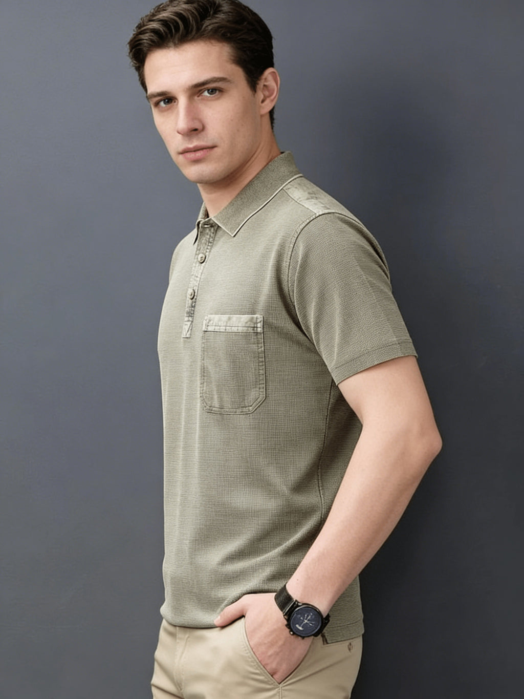 Mid-Age Men'S Washed Distressed Vintage T-Shirt Polo Shirt Top Solid Casual Top British Style with Pocket - fern green