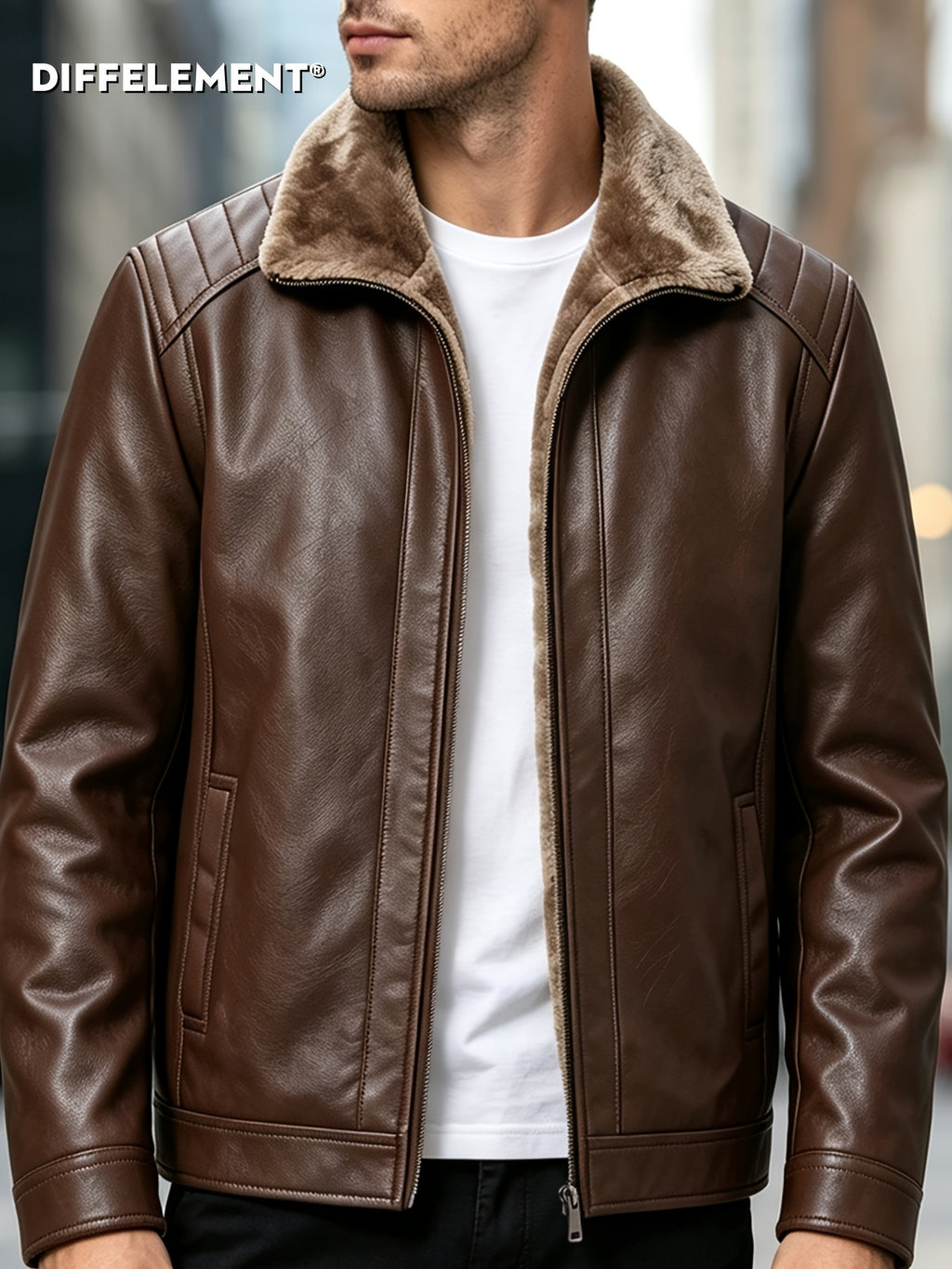 DIFFELEMENT 1pc Men'S Fleece-Lined Thickened Jacket Warm Windproof Cold-Resistant PU Scratch-Resistant Wrinkle-Resistant Plush Lining Ribbed Cuffs Stand-Up Collar Zippered Cardigan Regular Retro Biker Style Men'S Outerwear Autumn Winter Daily Casual - Dark Brown