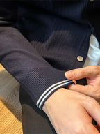 Men's Fashion Color-Block Knit Cardigan, Lightly Mature Design with Twisted Pattern and Warm Collar Sweater - Navy Color
