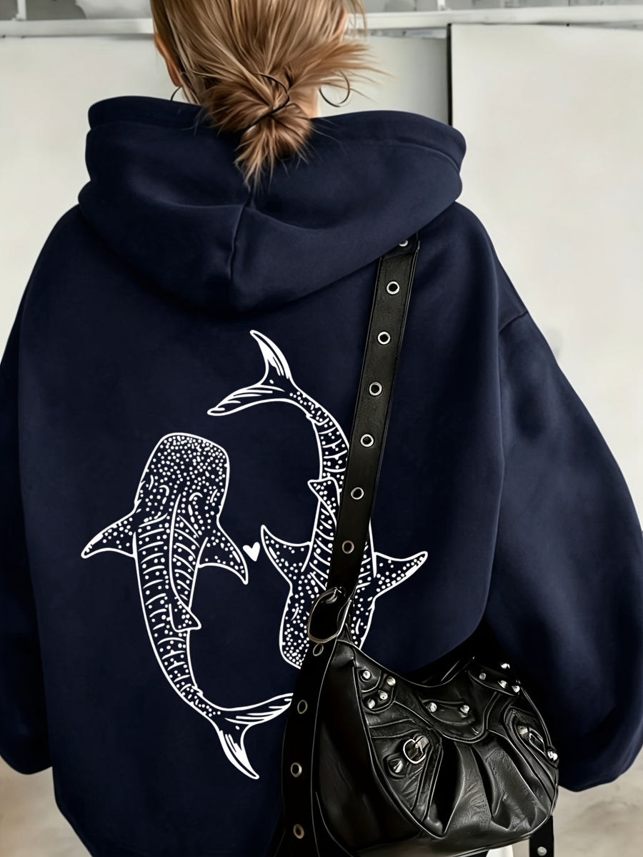 European and American Vintage Minimalist Artistic Style Top, Whale Shark Print Pattern Hooded 1pc Women's Sweatshirt, Loose Autumn/Winter Pullover Top, Relaxed Oversized Fit, Street Hip-Hop Style, with Kangaroo Pocket, No Drawstring - navy blue 1