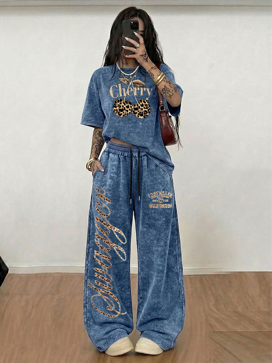 New Spring/Summer Casual Jersey Sportswear Set with Trendy Leopard Print and Cherry Print, Street Sport Style Crew Neck Short Sleeve T-Shirt and Long Pants 2pcs Set, Washed Outfit, American Street Academia Style - Dark Blue 1