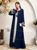Women'S Elegant Floral Embroidered Long Sleeve Robe, Dignified And Generous - Navy Color