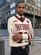ANDREILEE Men'S Sweater Fashion Trendy Casual All-Match Home Commute Contrast Striped 90S Number Letter Embroidery V-Neck Long Sleeve Loose Pullover Sweater Knitwear Autumn Winter Style - Apricot