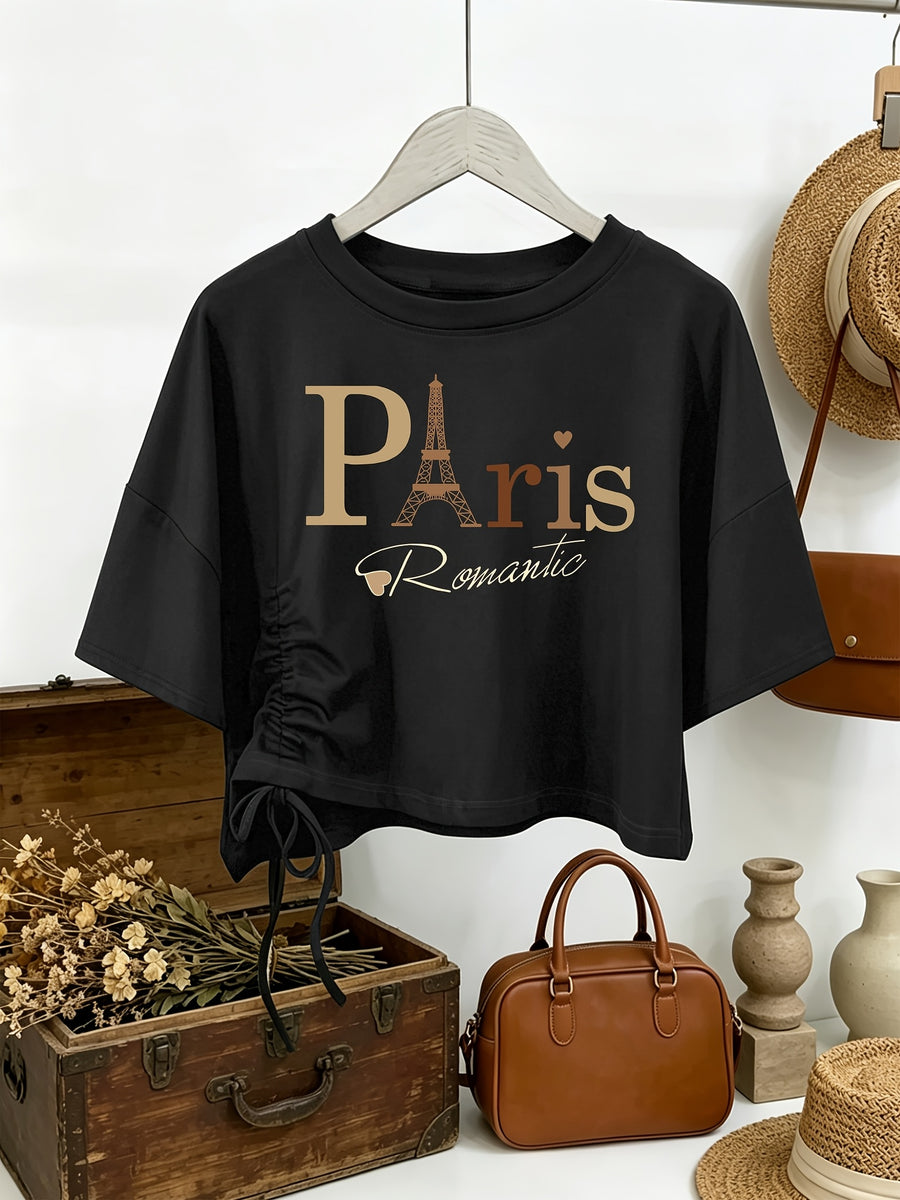 Women's French Paris T-Shirt with Eiffel Tower & Gradient Lettering - Loose-Fit Short Sleeve Top, Drawstring Hem & Exposed Waist Design, Soft Machine-Washable Blouse Suitable for Travel, Beach, Vacation, Casual French Outfits - Black