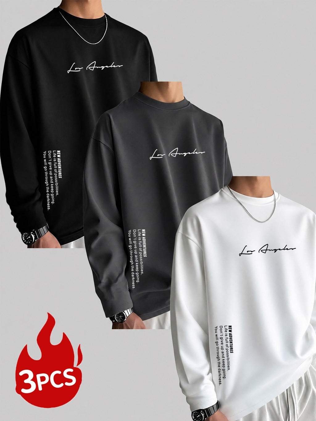 Men'S Long Sleeve T-Shirt - 3pcs Men'S Off-Shoulder Loose Round Neck Long Sleeves, City Name on Chest with Side Seam Vertical Inspirational Slogans And Dual Position Text Prints, Oversized Off-Shoulder Cut Accommodating Body Types - Mixed colors