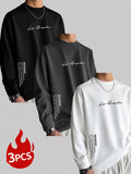 Men'S Long Sleeve T-Shirt - 3pcs Men'S Off-Shoulder Loose Round Neck Long Sleeves, City Name on Chest with Side Seam Vertical Inspirational Slogans And Dual Position Text Prints, Oversized Off-Shoulder Cut Accommodating Body Types - Mixed colors