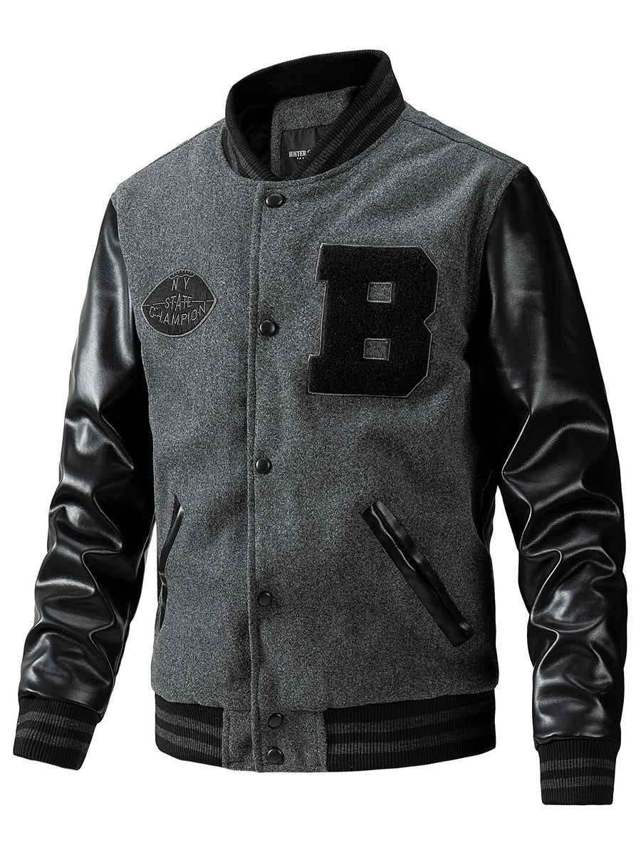Men'S Winter Jacket, Trendy American Baseball Coat for Autumn And Winter, Casual Embroidered Plus-Size Outerwear with PU Sleeves, Windproof Men'S Jacket - Grey