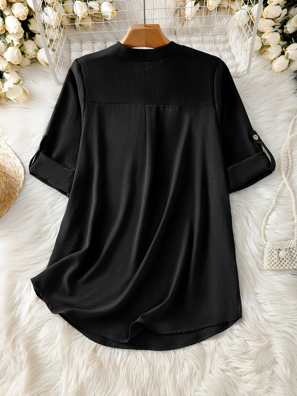 Elegant Women's Simple Casual Daily Short-Sleeve Solid Color Shirt, Spring/Summer Fashion Casual Outing Shirt, BK0608018 - Black