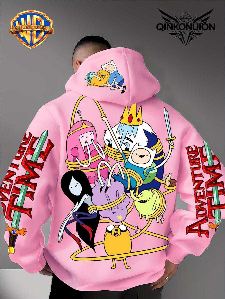 Warner Official Men's Hooded Sweatshirt, Adventure Treasure Rope Wrapped Character Group Cartoon Print Design, Machine Washable, Warm and Casual for Autumn and Winter, Daily Drawstring Hooded Sweatshirt, Multifunctional Sports and Casual Loose Fit - Pink Color