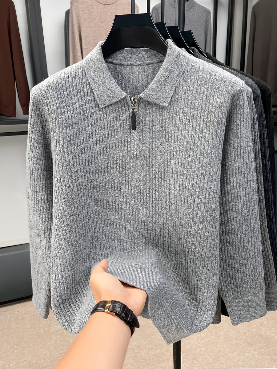 Xingfan Autumn/Winter Men's Ribbed Cable Knit Lapel Pullover Casual 4/1 Zipper Thickened Warm Long-Sleeve Sweater - Light Grey